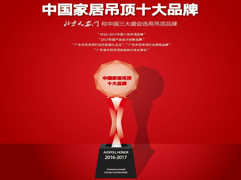 荣获“家居吊顶十大品牌”、“年度优秀公益合作企业”、广东省天花吊顶协会执行会长单位等。